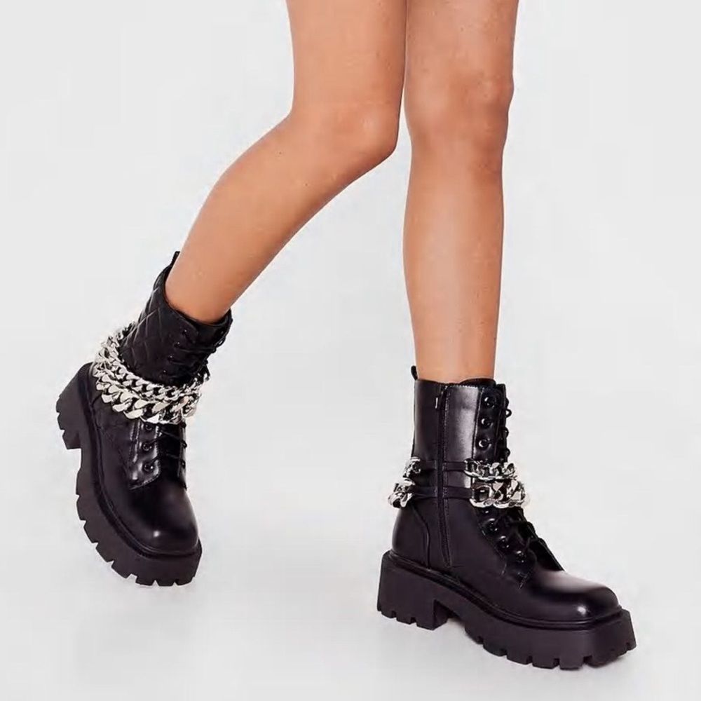 Nasty Gal Black Quilted Combat Boots with Silver Chain Trim
